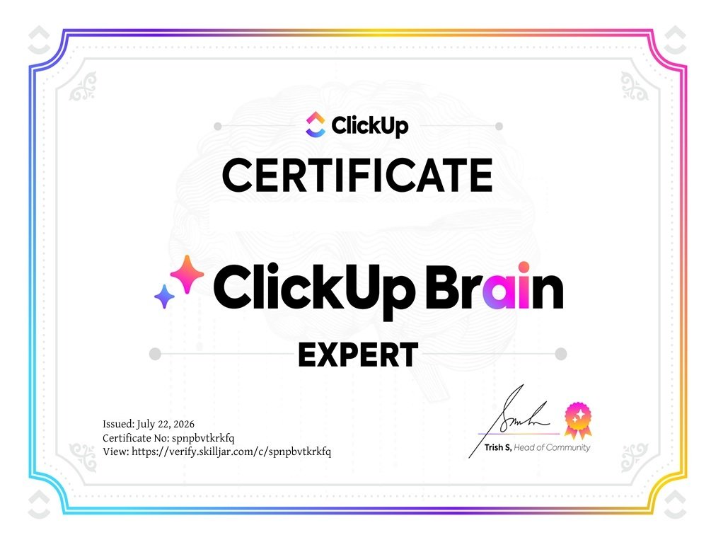 ClickUp Brain Expert certificate